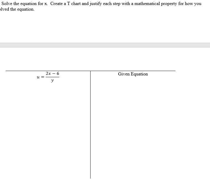 Solve the equation for x. Create a T chart and justify each step with a mathematical-example-1