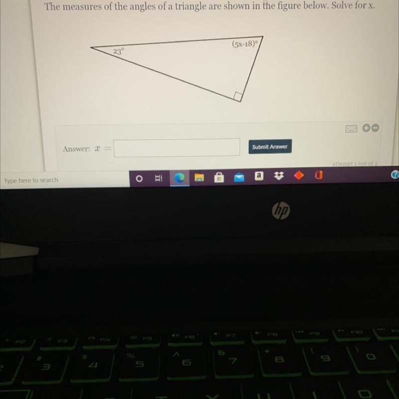 The measures of the angles of a triangle are shown in the figure below. Solve for-example-1