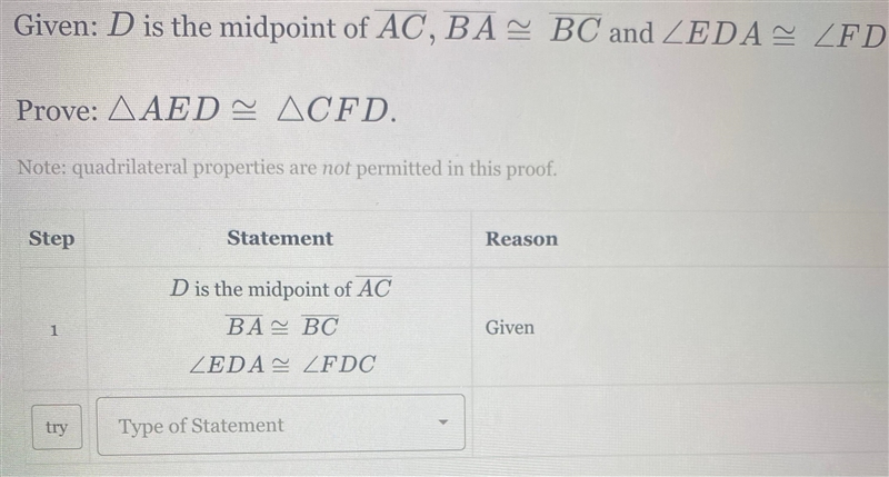 D is the midpoint of AC, BA ≅BC and ∠EDA ≅ ∠FDC. Prove ΔAED ≅ ΔCFD-example-2