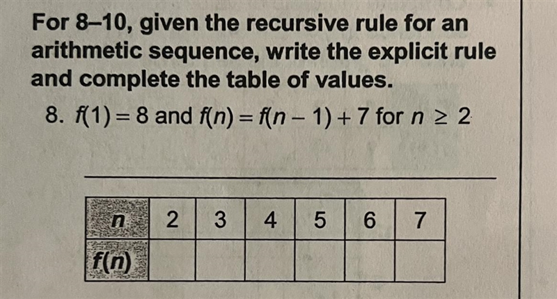 For 8-10, given the recursive rule for an arithmetic sequence, write the explicit-example-1