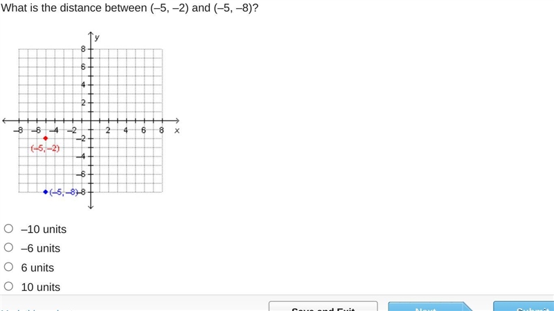 What is the distance between (–5, –2) and (–5, –8)?-example-1