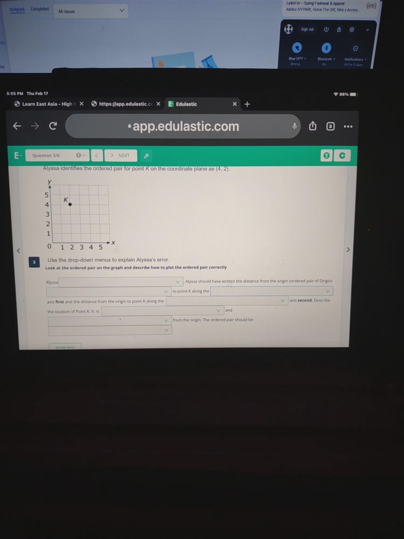 Alyssa identifies the ordered pair for point K on the coordinate plane as (4,2). у-example-1