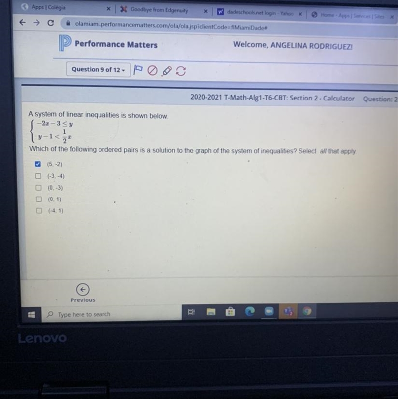 Which of the following ordered pairs is a solution to the graph of the system of inequalities-example-1