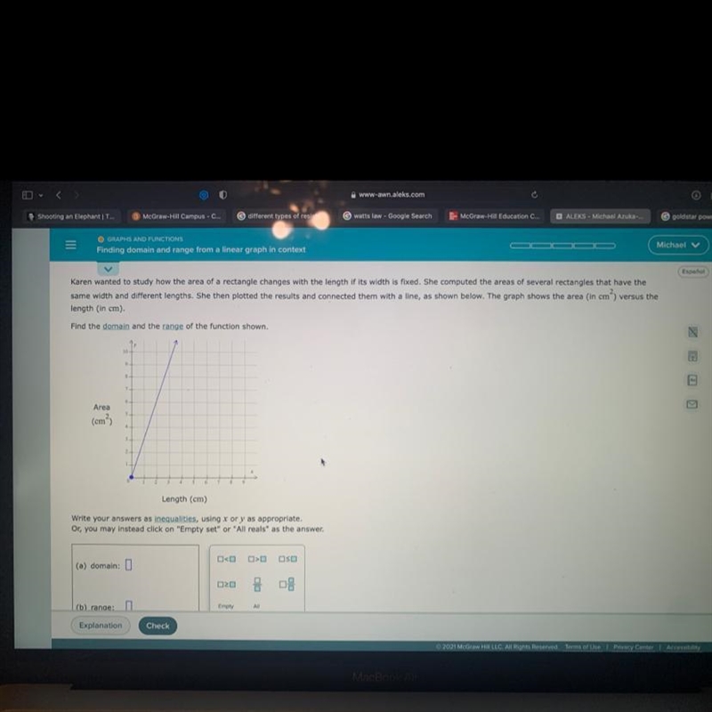 O GRAPHS AND FUNCTIONSFinding domain and range from a linear graph in context-example-1