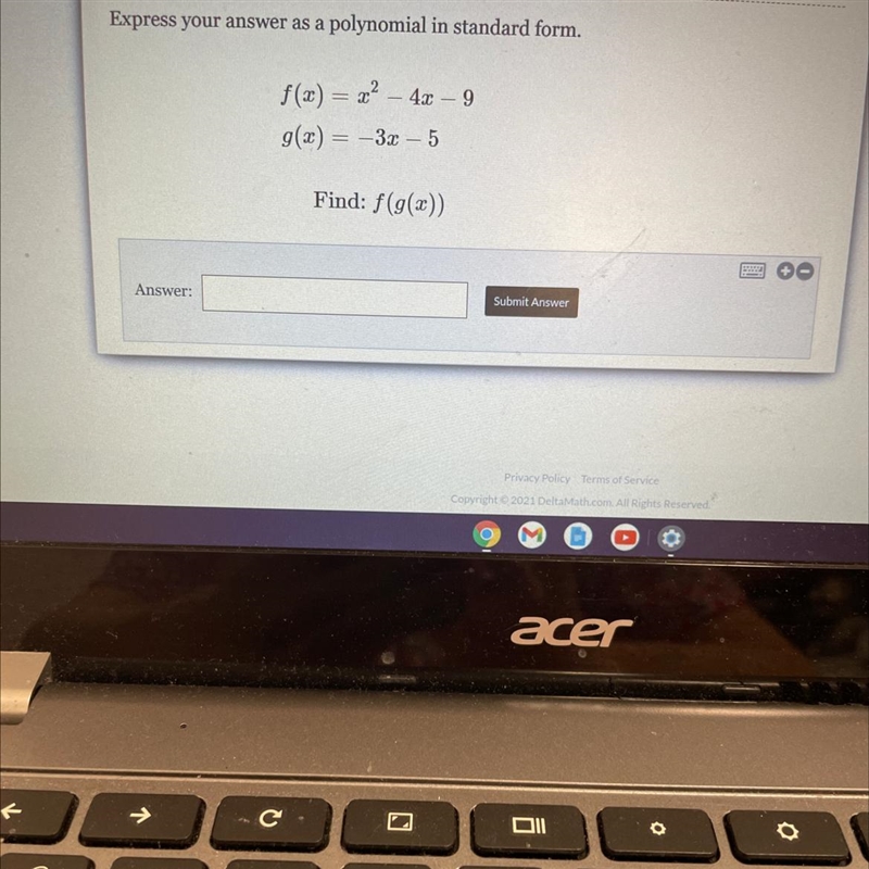 Express your answer as a polynomial in standard form.9f(x) = x2 - 4x –g(x) = -3x – 5Find-example-1