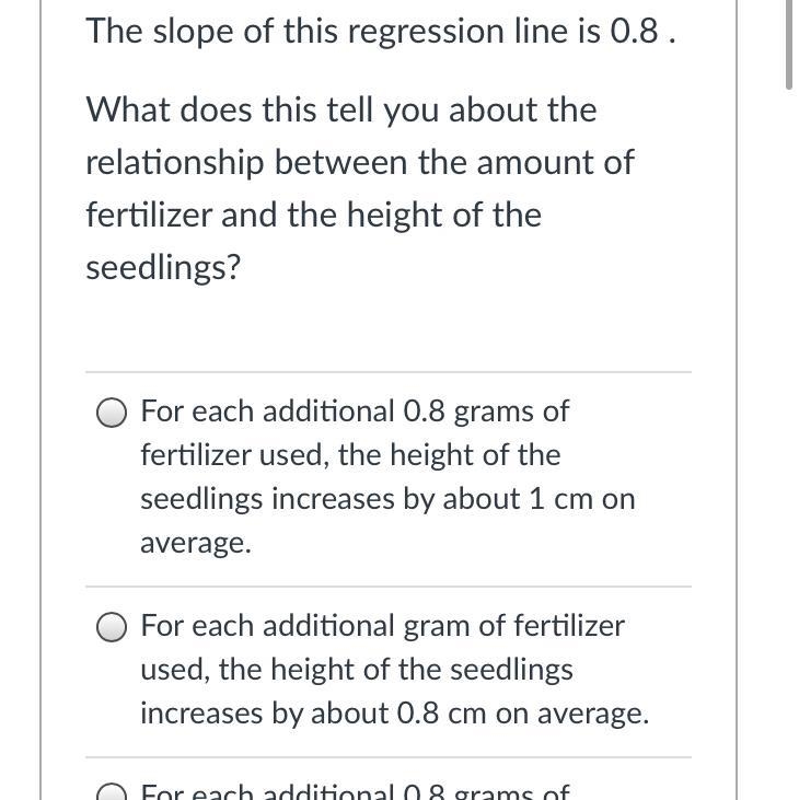 The slope of this regression line is 0.8 .What does this tell you about the relationship-example-1