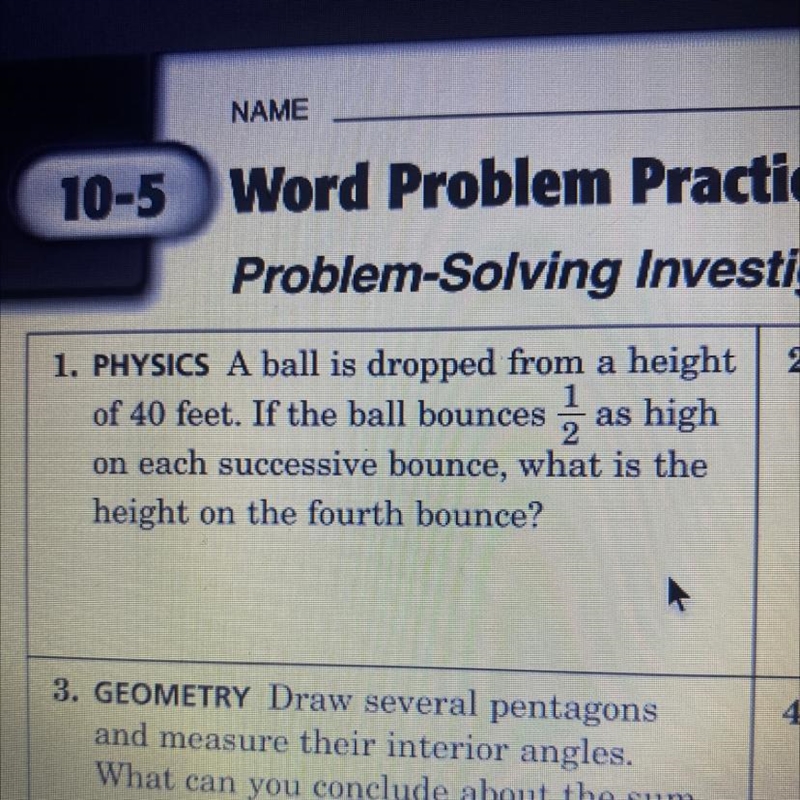 . PHYSICS A ball is dropped from a height of 40 feet. If the ball bounces , as high-example-1