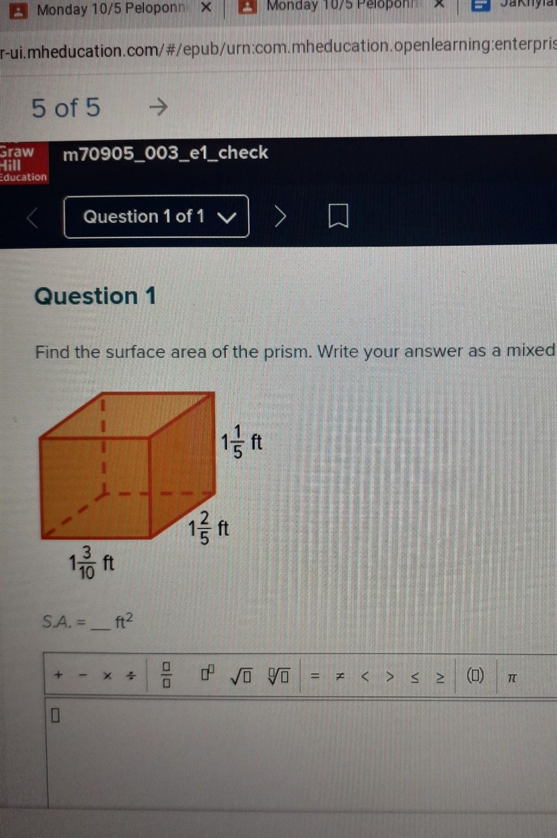 Question 1 Find the surface area of the prism. Write your answer as a mixed number-example-1