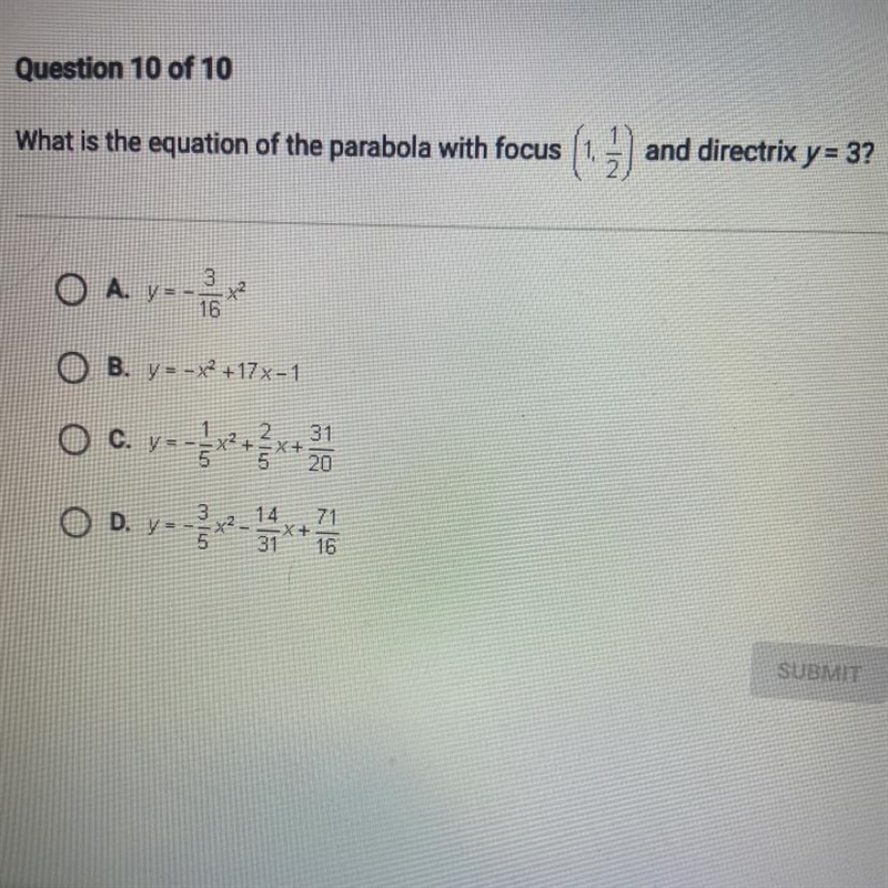 What is the equation of the parabola with focus (1,1/2) and directrix y=3-example-1