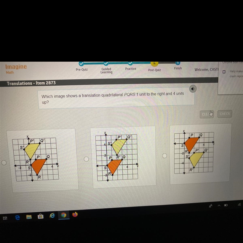 Which image shows a translation of the brown quadrilateral pqrs one unit to the right-example-1