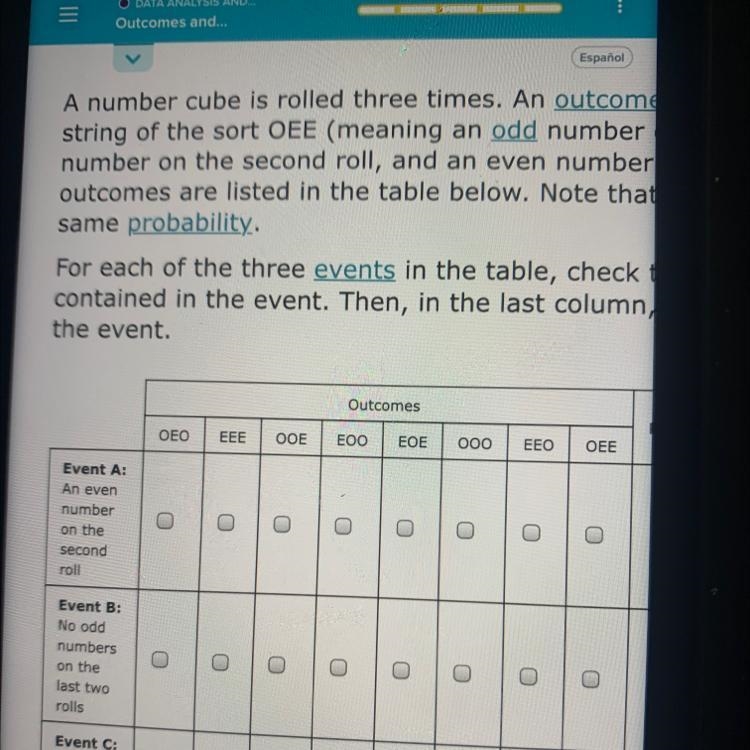 A number cube is rolled three times. An outcome is represented by astring of the sort-example-1