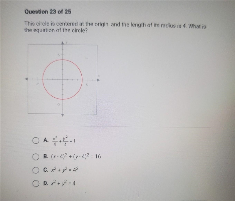 This circle is centered at the origin, and the length of its radius is 4. What the-example-1