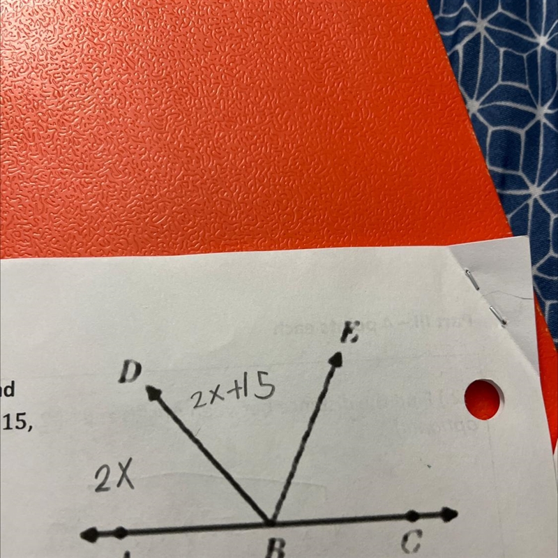 15.) In the accompanying diagram, ABC is a straight line and BE bisects 4DBC. If m-example-1