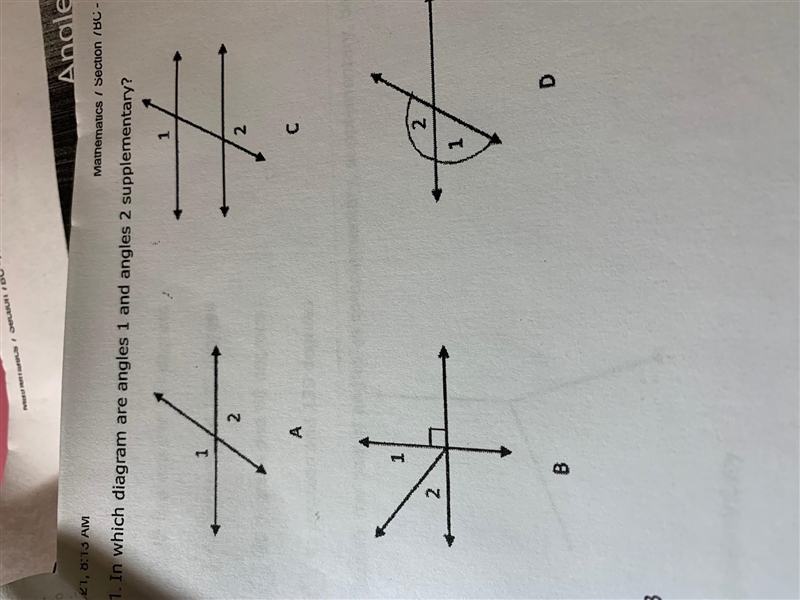 In which diagram are angles 1 and angles 2 supplementary?BCAD-example-1