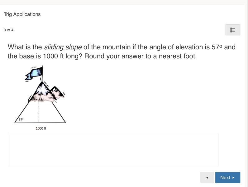 What is the sliding slope of the mountain if the angle of elevation is 57o and the-example-1