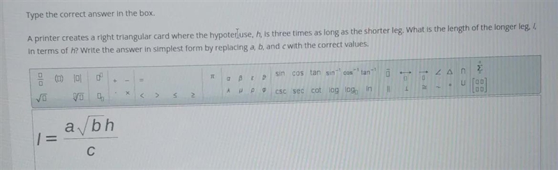 14 Type the correct answer in the box. A printer creates a right triangular card where-example-1