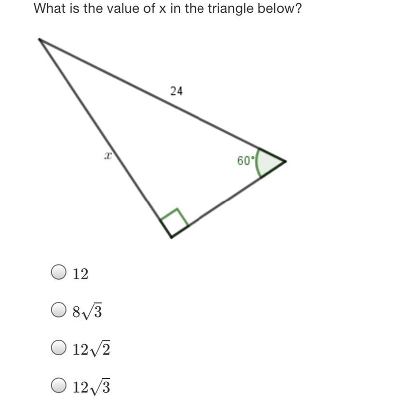 What is the value of x in the triangle below?2460O 12813O 122O 12/3-example-1