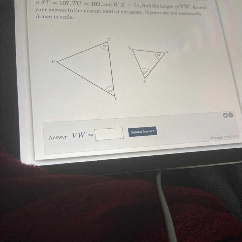 o Watch help videoIf ST = 107, TU = 102, and W X = 51, find the length of VW. Roundyour-example-1