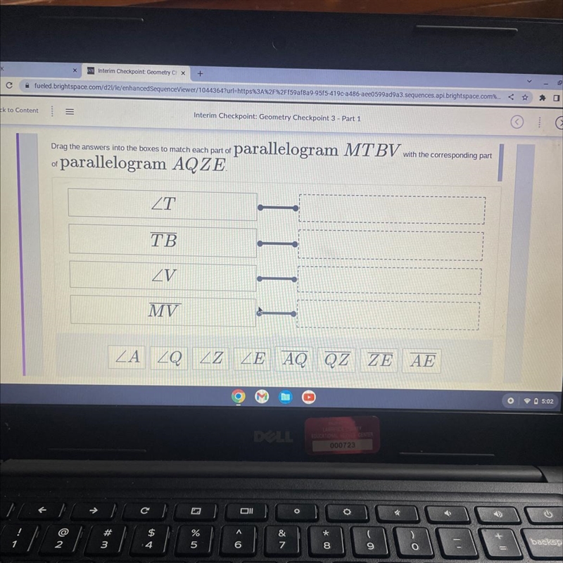 Parallelogram MTBV ~ parallelogram AQZE Drag the answers into the boxes to match each-example-1