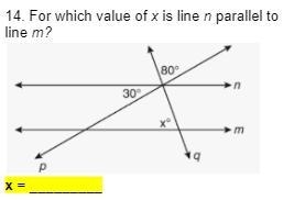 For which value of x is line n parallel to line m?-example-1