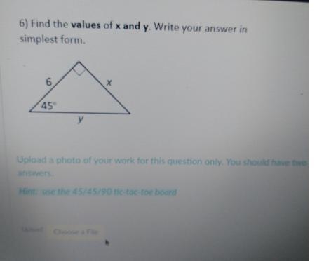 5) Find the values of x and y. Write your answers in simplest form. 12 Х 60° y Upload-example-1