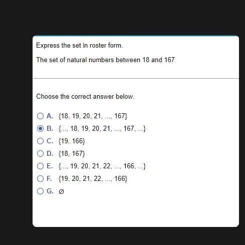 Express the set in roster form.The set of natural numbers between 18 and 167-example-1