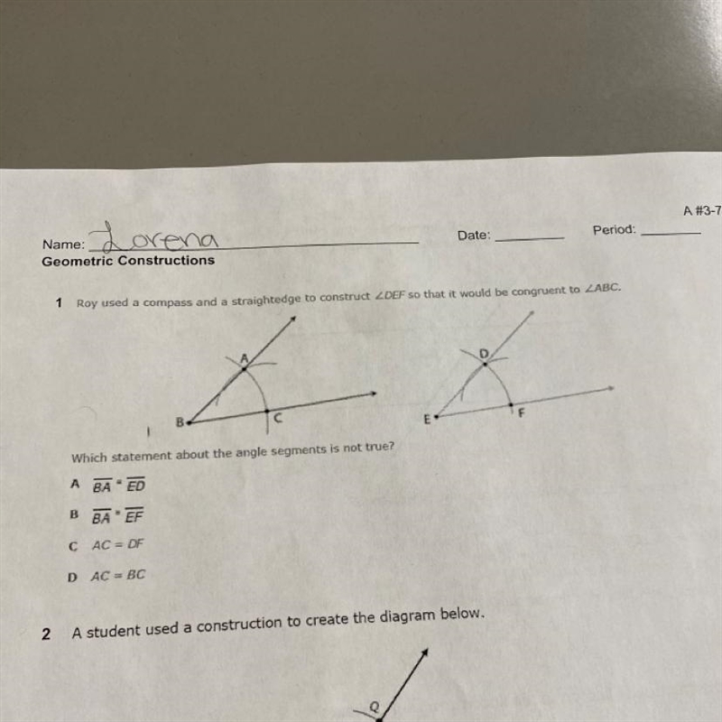 Roy used a compass and a straightedge to construct DEF so that it would be congruent-example-1