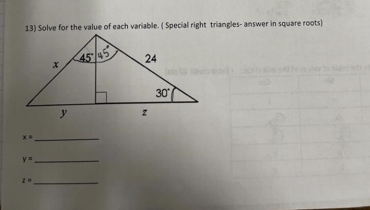 Solve for the value of each variable (special right triangles - answer in square roots-example-1