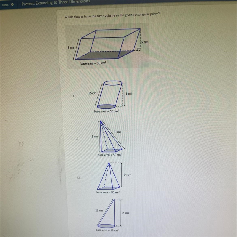 Which shapes have the same volume at the given rectangular priam? Som base area-50 or-example-1