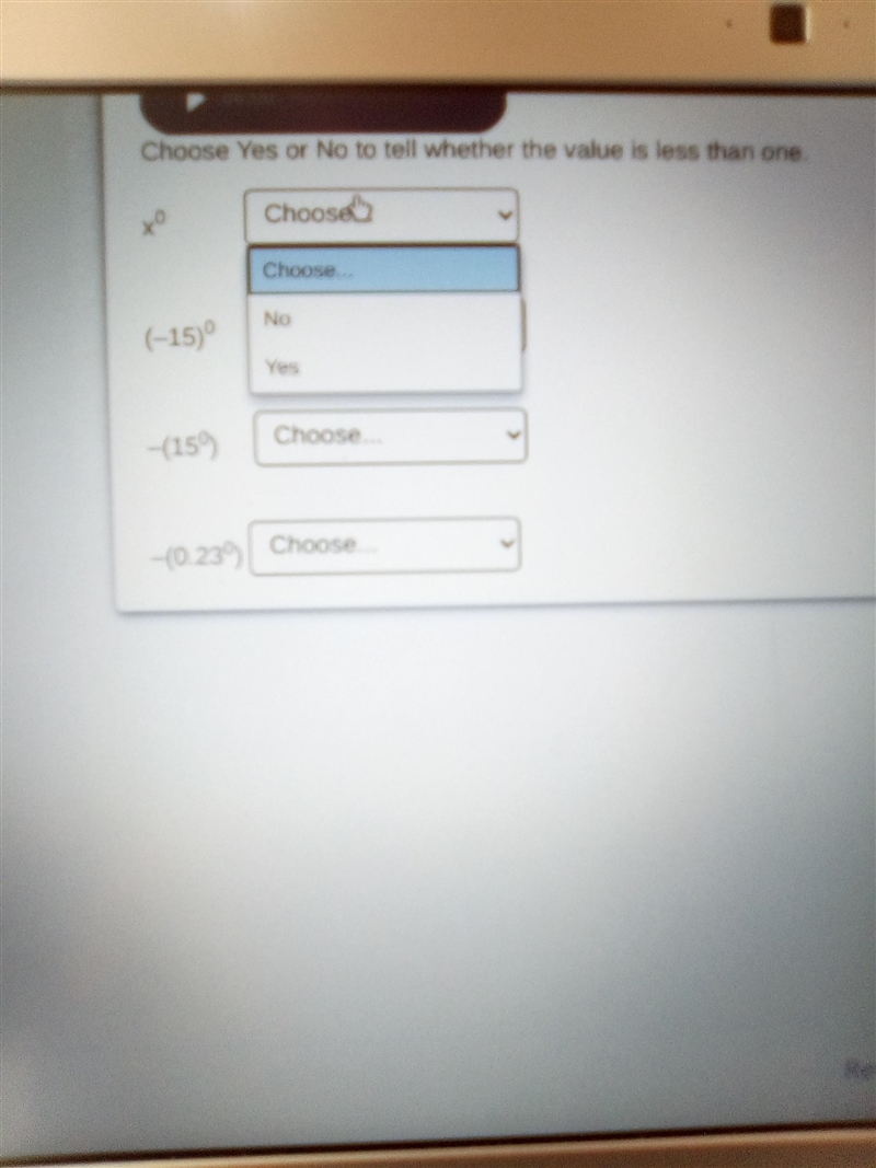 Choose Yes or No to tell whether the value is less than one Choose (-15) -(159 Choose-example-1