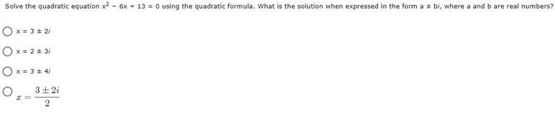 Solve the quadratic equation x2 − 6x + 13 = 0 using the quadratic formula. What is-example-1