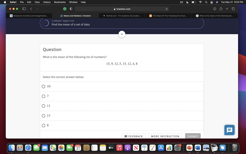 What is the mean of the following list of numbers?15,9,12,5,15,12,4,8Select the correct-example-1