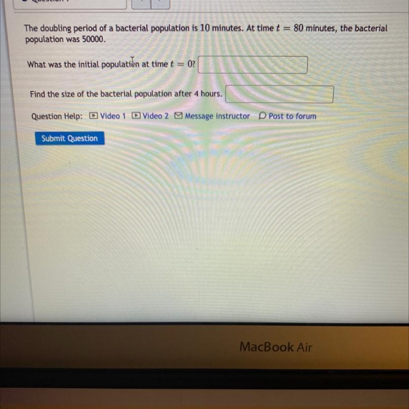 What was the initial population at time t=0?Find the size of the bacterial population-example-1