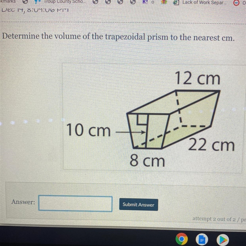 Determine the volume of the trapezoidal prism to the nearest cm-example-1