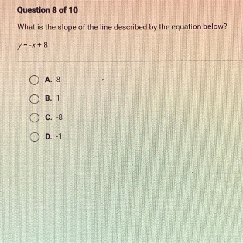 Question 8 of 10What is the slope of the line described by the equation below?y=-x-example-1