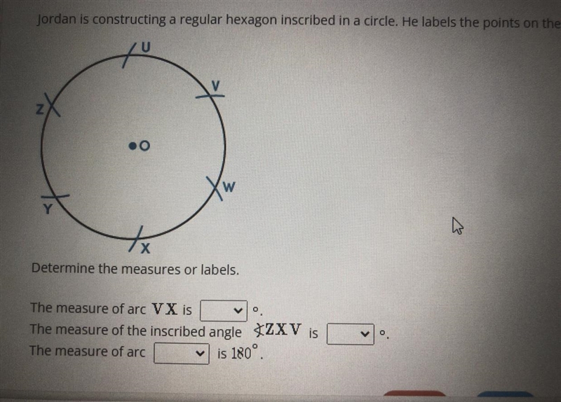 Jordan is constructing a aregular hexagon inscribed in a circle. He labels the points-example-1