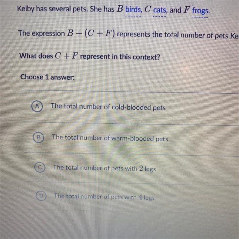 Call B has several pets she hasn’t be birds see cats and F frogs the expression B-example-1