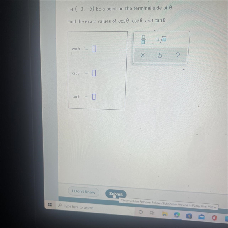 Let -3 -5 be a point on the terminal-example-1