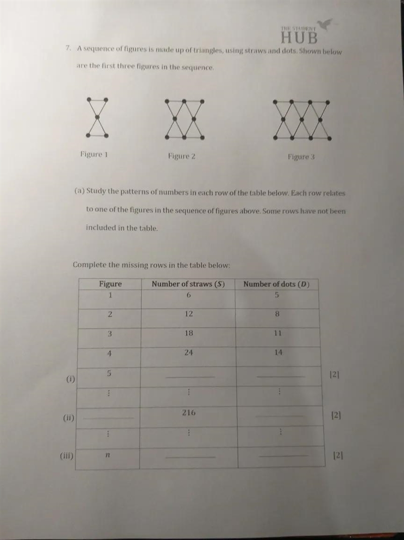 7. A sequence of figures is made up of triangles, using straws and dots. Shown below-example-1