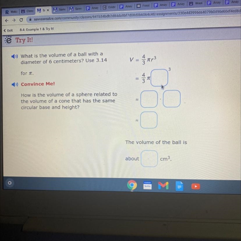 ») What is the volume of a ball with adiameter of 6 centimeters? Use 3.14for (pie-example-1