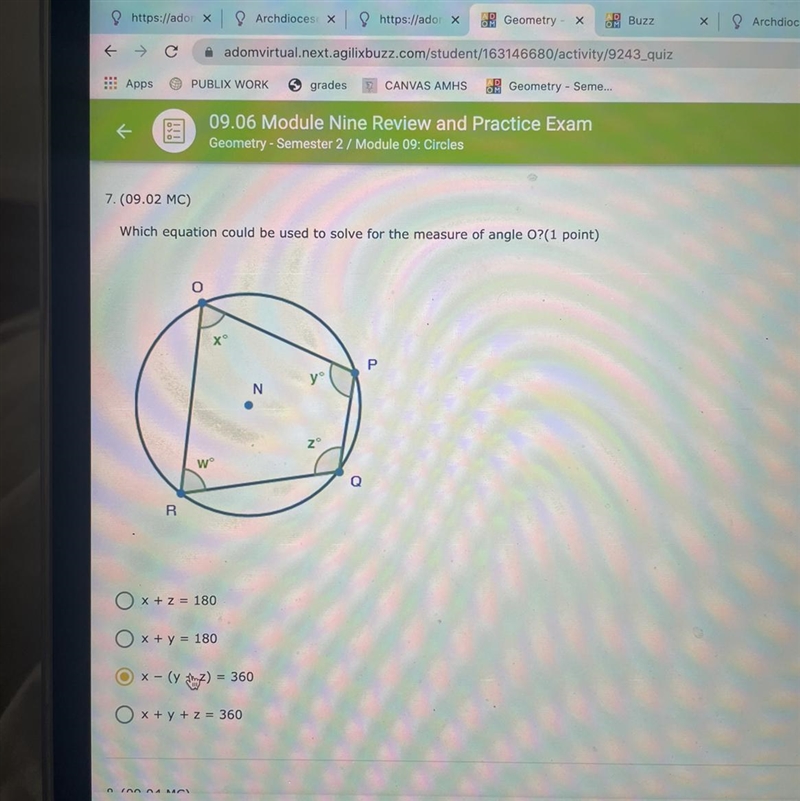 19.02 M)Which equation could be used to solve for the measure of angle O?(1 point-example-1