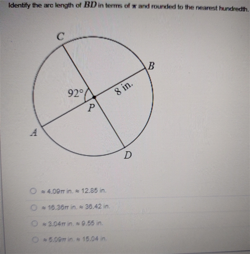 Identify the arc length of BD in terms of pi and rounded to the nearest hundredth-example-1