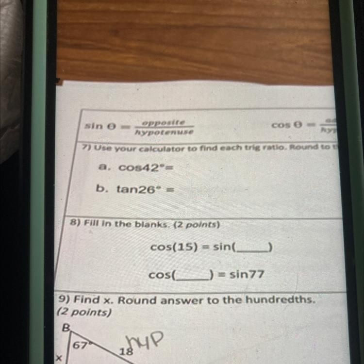 3) Fill in the blanks. (2 points)cos(15)=sin(cos(= sin77Problem Number 8!!-example-1