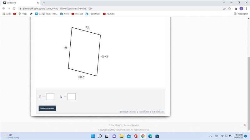 Find the value of x and y in the parallelogram below.-example-1