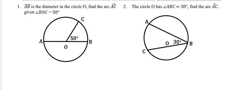 Is the diameter in the circle O, find the arc given ∠ = 50°-example-1