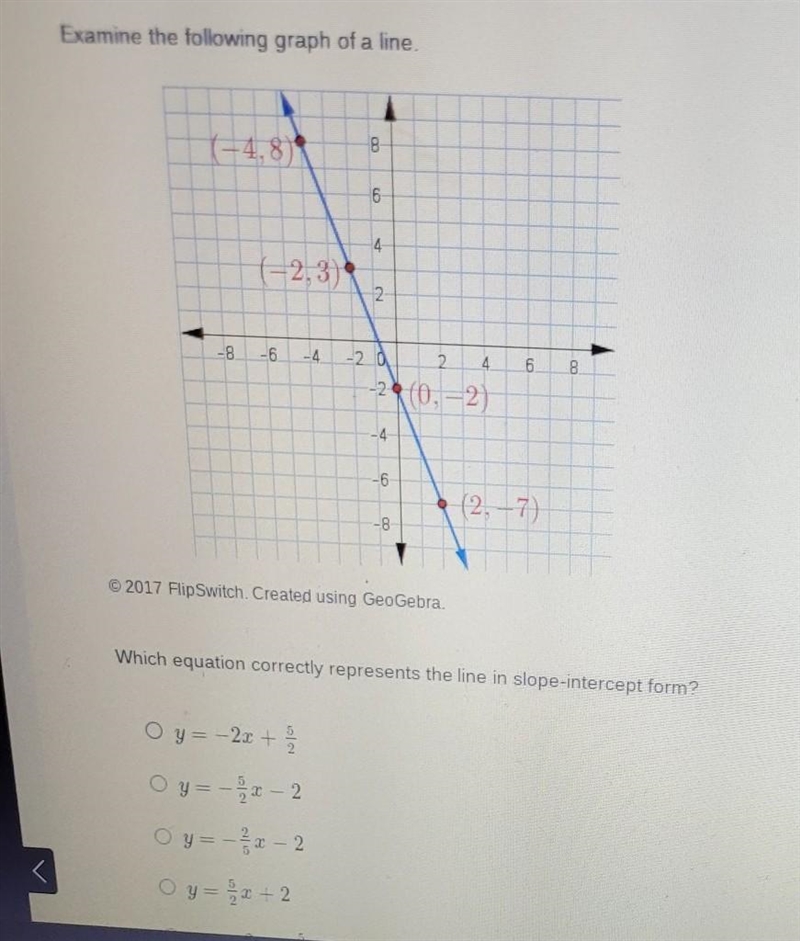 Which equation correctly represents the line in sope intercept form?-example-1