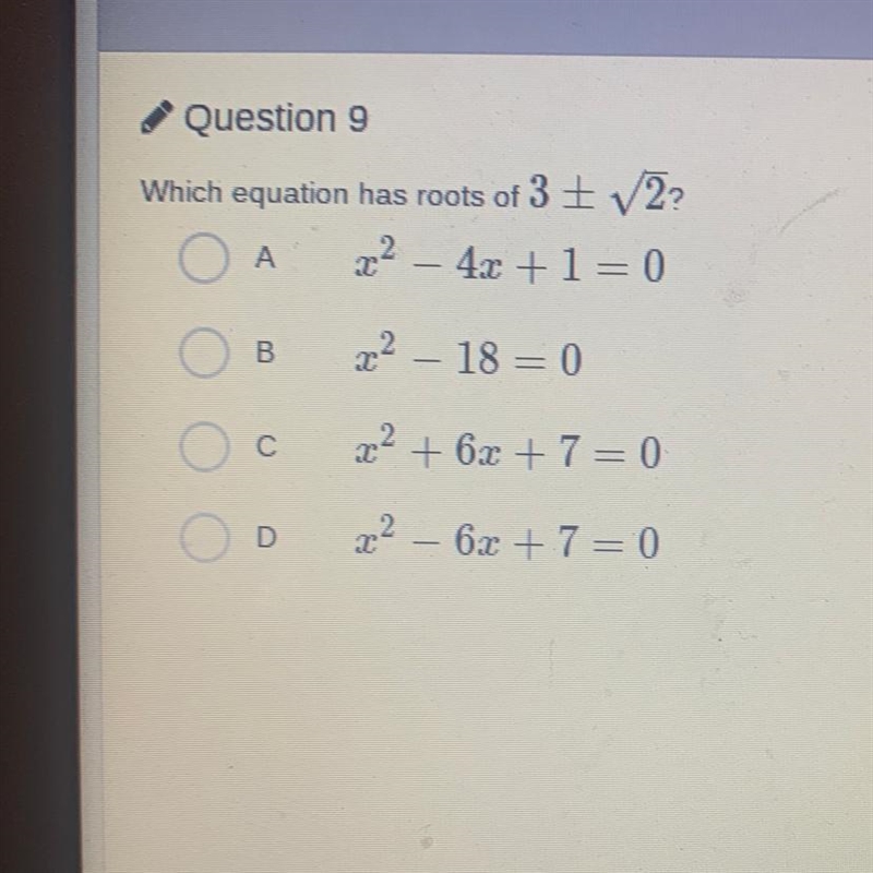 Which equation has roots of 3 ± √2?-example-1