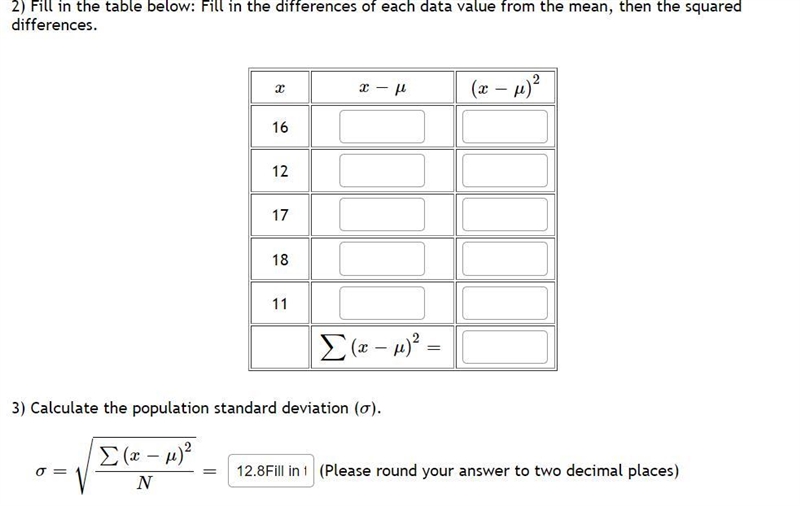 2) Fill in the table below: Fill in the differences of each data value from the mean-example-1