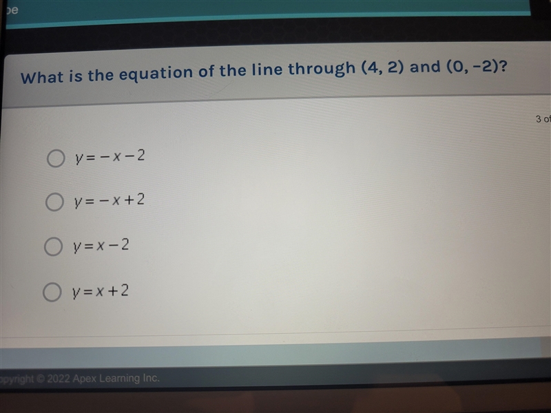 What is the equation of the line through 4.2 and 0, -2?-example-1