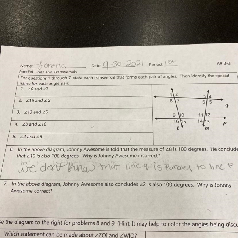 Parallel Lines and TransversalsFor questions 1 through 7. state each transversal that-example-1